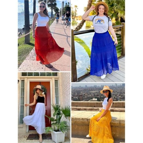 Women's Chiffon Elastic High Waist Maxi Skirts Black White Flower - Picture 5 of 5